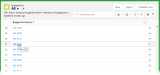 Screenshot showing default budget pots list view